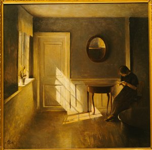 En pige, der læser i et interiør (olie på lærred) af Peter Vilhelm Ilsted