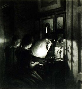Pigerne ved klaveret (mezzotint) af Peter Vilhelm Ilsted