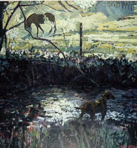 Pony og hund på en mark, 2000 (olie på lærred)