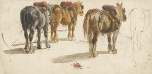 Tre vogn-heste i spor, set bagfra (akvarel på papir0 af Peter de (attr.) Wint