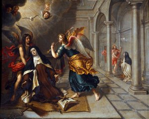 Den hellige Therese af Avila (af Jesusbarnet) (1515-1582) møder englen, der gennemborer hjertet af sin gyldne darter Maleri af Peter Van Lindt (1600-tallet) Dim. 85x70 cm Gener, Galleria di Palazzo Bianco