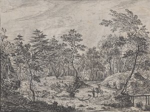 Skovlandskab med en rytter, der taler med en mand i midten, en gangbro til højre, 1716. af Peter von Bemmel