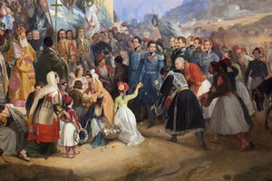 Indgangen for kong Othon I af Grækenland (1815-1876) til Athen, hilst velkommen af folkemængden foran templet Hephaistos (Hephaisteion) (Hephaistos) eller Theseion på Agora (Grækenland)