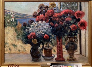 Blomster mod havet. Maleri af Pyotr Ivanovich Petrovichev (Pyotr Petrovichev) (1874-1947), olie på lærred