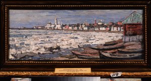 Isdrift på Volga, nær Yaroslavl (Rusland). Værk af Pyotr Ivanovich Petrovichev (Piotr Petrovichev) (1874-1947), olie på pap