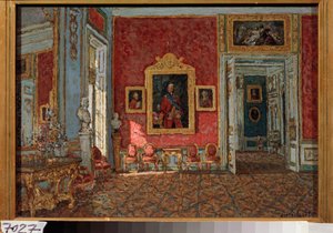 The Crimson Drawing Room i Kuskovo Palace (Moskva, Rusland) - Den lilla tegnestue i Kuskovo Palace - Maleri af Pyotr Ivanovich Petrovichev (Piotr Petrovichev) (1874-1947), olie på lærred