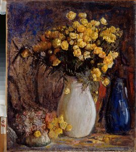 Nenuphars dans un vase blanc (Åkander i en hvid kande) - Maleri af Pyotr Ivanovich Petrovichev (Piotr Petrovichev) (1874-1947), olie på lærred - Russisk kunst slutningen af ​​det 19.-20. århundrede, modernisme - State V Surikov Art Museum, Krasnoyarsk (Rus