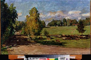 Hvil på engen. (Flok kvæg nær et vandløb, krydser en græsmark). Værk af Pyotr Ivanovich Petrovichev (Piotr Petrovichev) (1874-1947), olie på pap af Petr Ivanovic Petrovichev