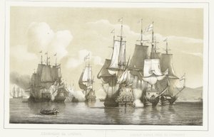 Søslaget ved Livorno, 1653 Søslag ved Livorno. 14. marts 1653 / Combat naval près de Livourne. 14 Mars 1653 (titel på objekt)