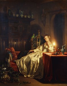 Et interiør med levende lys med en dame ved et bord, 1865