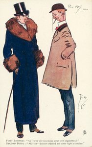 To herrer i samtale om cigaretter og motion (farve litho) af Phil May