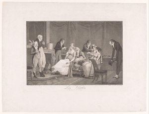 Selskab af unge kvinder og mænd i et interiør Les Visites (titel på objekt) af Philibert Louis Debucourt