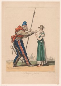 Meisje sætter Kozak Den galante kosak. (titel på objekt) Kostuumprenten van Debucourt (serietitel) Samling af kostumer hentet fra naturen (serietitel) af Philibert Louis Debucourt