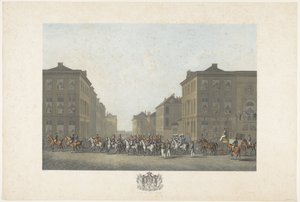 Band ved indvielsen af ​​William I i Bruxelles den 21. september 1815 Tolv plader med ankomsten og indvielsen af ​​William I i Bruxelles og kampene ved Quatre-Bras og Waterloo i 1815 (serietitel) af Philibert Louis Debucourt