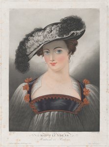 Portræt af Susanna Lunden, iført bredskygget hat med fjer, ca. 1809-35.. af Philibert Louis Debucourt