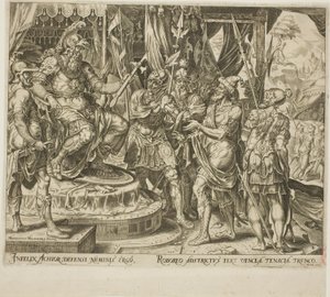 Achior bønfalder Holofernes for israelitterne, plade en fra Historien om Judith og Holofernes