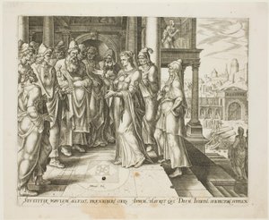 Judith henvender sig til de ældste fra Bethulia, plade tre fra historien om Judith og Holofernes af Philip Galle