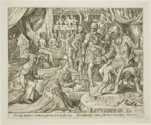 Judith Præsenteret for Holofernes, plade fem fra Historien om Judith og Holofernes af Philip Galle