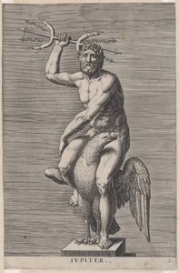 Plade 2: Jupiter, statue af den nøgne gud siddende på en ørn, der holder en dobbelt trefork, fra..., 1586.