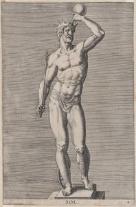 Plade 4: Apollo, statue af den nøgne gud, der står på en sokle, iført en krone og holder en..., 1586.