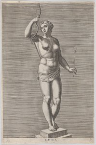 Plade 7: Diana, statue af den nøgne gudinde stående på en sokkel, iført en halvmåne i..., 1586.