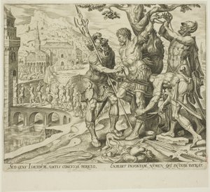 Israelitterne finder Achior bundet til et træ, plade to fra historien om Judith og Holofernes