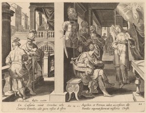 Englen befaler Cornelius at hente Sankt Peter af Philip Galle after Jan van der Straet