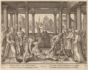 Troende mænd, der bærer den hellige Stefanus til hans begravelse af Philip Galle after Maerten van Heemskerck