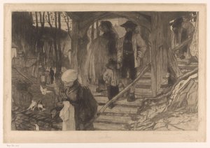 Bønder går ned ad en trappe Baptême à Fribourg (original titel) af Philip Zilcken (signed by artist)
