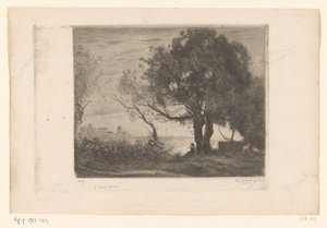 Landskab med en fløjtespiller under et træ og en silhuet af en by Soir (original titel) af Philip Zilcken (signed by artist)