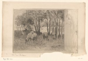 Fjord af får og hyrde på en eng med træer Moutons (original titel) af Philip Zilcken (signed by artist)