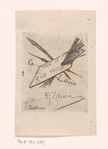 Ex libris med kuglepenne, pensler og palet af Philip Zilcken