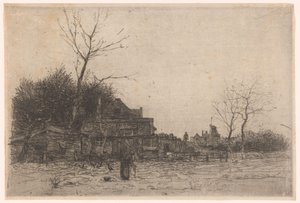 Gammel kvinde på en mark ved en gård La Cabane