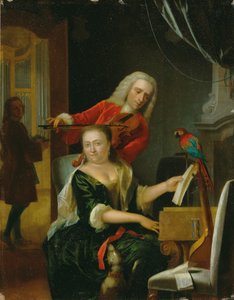 Portræt af en herre og hans kone, der laver musik i et interiør (olie på panel)