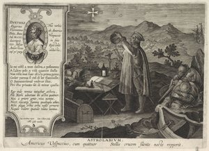 Amerigo Vespucci finder det sydlige kors-konstellation med et astrolabium Americae Retectio, 1591 af Philipp Galle