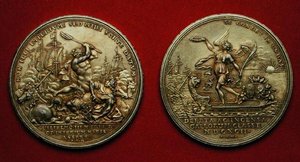 Medalje til minde om slaget ved La Hogue i 1692 (metal) (se også 144616) af Philipp Heinrich Mueller