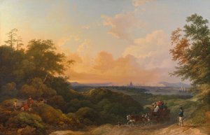 The Evening Coach, London i det fjerne af Philippe-Jacques de Loutherbourg