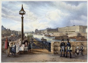 Louvre fanget fra Pont Neuf - i "" Promenade dans Paris et ses environs", designet af Jacottet og Benoist, ca. 1840 af Philippe Benoist
