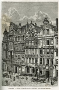 Gamle huse på rådhuspladsen i Bruxelles. Indgravering af Ph. Benoist, for at illustrere historien om Belgien af Camille Lemonnier, udgivet i tour du monde under ledelse af Edouard Charton (1807-1890), Paris af Philippe Benoist