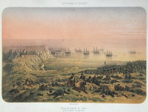 Slagmarken ved Alma efter sejren, 20. september 1854 (farve litho) af Philippe Benoist