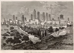 Udsigt over San Gimignano (Toscana, Italien). Gravering efter tegning af Ph. Benoist, til illustration af Francis Weys rejse til Toscana og Umbrien i 1875, offentliggjort i "Le tour du monde" 1876, redigeret af Edouard Charton, Hachette edition, Paris. Sel