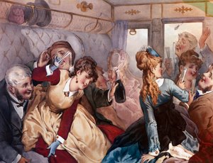The Pleasure Train A group of bourgeois drinking and entertaining themselves in a wagon. Lithograph by Philippe Jacques Linderdani