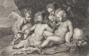 En gruppe på tre børn og en putto med frugt og et lam, ca. 1760-1801. af Philippe Lambert Joseph Spruyt