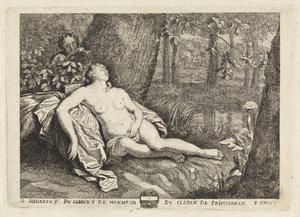 Sovende nymfe spioneret af en satyr