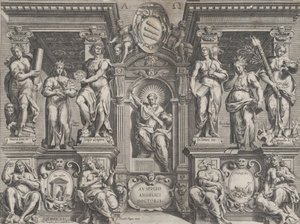 Allegorisk afhandlingstryk med forskellige figurer, sat i en arkitektonisk struktur, 1608.