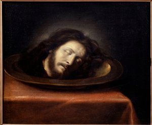 Leder af Saint Jean Baptiste placeret på et fladt maleri af Philippe de Champaignes skole (1602-1674) fra det 17. århundrede. Magny les Hameaux, Musee de Port Royal des Champs - Hovedet af Johannes Døberen placeret på et fad. Maleri af Philips skole af Philippe de (school of) Champaigne