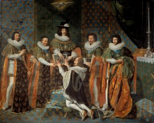 Modtagelse af Louis XIII (1601-1643) af Henri II af Orleans, hertug af Longueville og Estouville, suveræn prins af Neufchatel (1595-1663) Ridder af Helligåndsordenen 15/05/1633 Ludvig XIII er omgivet af Claude Bartillier , Storkasserer i t af Philippe de Champaigne