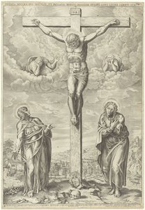 Kristus på korset flankeret af Maria og Johannes i et landskab af Philippe de Soye