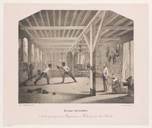 Udsigt i elevfirmaet Olympias fægte- og gymnastiksal The Hall of Olympia (titel på objekt) af Philippus Anthonius Alexander Kanne
