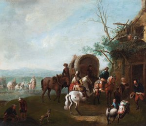 Rejsende uden for en kro med en mand på en hvid hest (olie på metal) af Philips (manner of) Wouwermans or Wouvermans